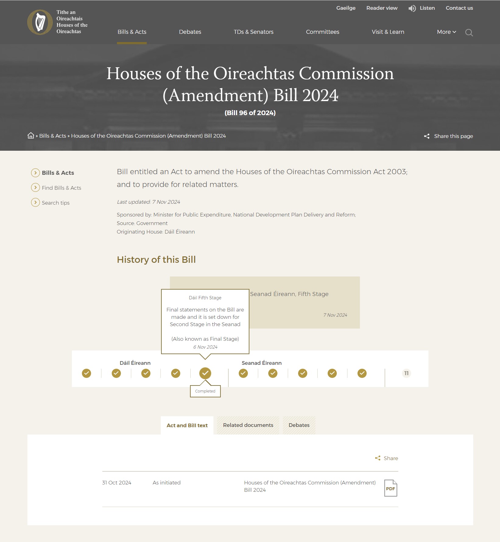 Bills page on Oireachtas.ie