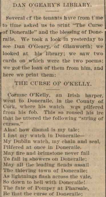 Newspaper cutting of a poem entitled "The Curse of O'Kelly"