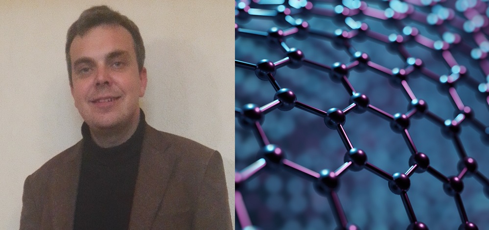 Dr Cormac Ó Coileáin alongside an image representing nanotechnology