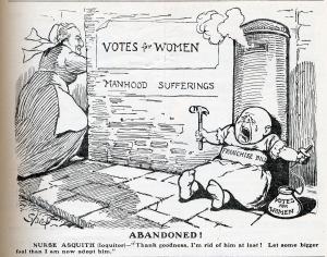 Cartún ag léiriú an Phríomh-Aire Asquith ag tabhairt cúil don Franchise Bill 1913