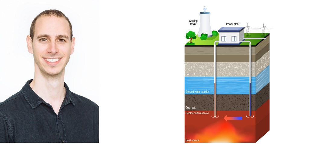 Dr Nicholas Vafeas alongside an image representing geothermal energy