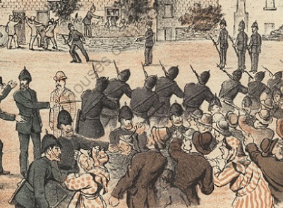 Cartún a léiríonn iarracht a rinneadh daoine a dhíbirt ag Radharc an Chaisleáin, Co. Chorcaí in 1886