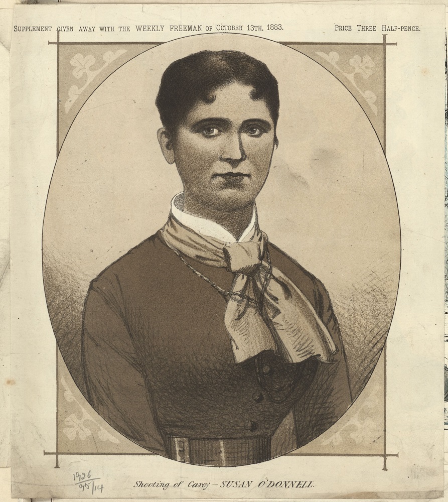 Drawing of Susan O'Donnell, teideal: "Forlíonadh a tugadh amach in aisce leis an WEEKLY FREEMAN an 13 Deireadh Fómhair 1883. Praghas Trí Leath-Phingin"