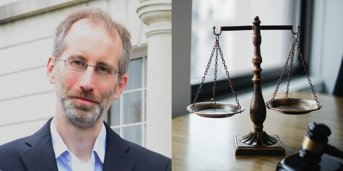 Dr Rónán Kennedy alongside an image of scales and a gavel