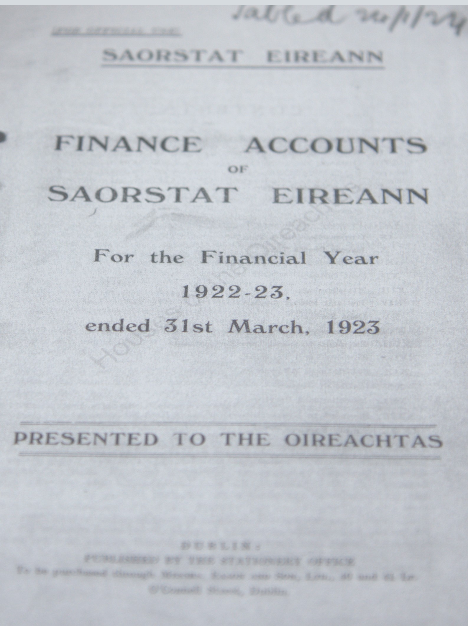 The front page of a set of financial reports from the new Irish Free State